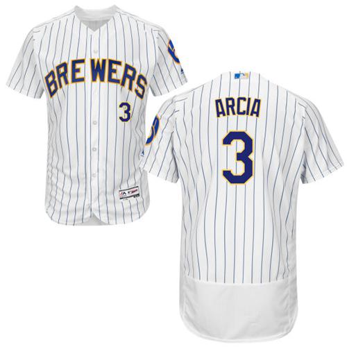 Brewers #3 Orlando Arcia White Strip Flexbase Authentic Collection Stitched MLB Jersey